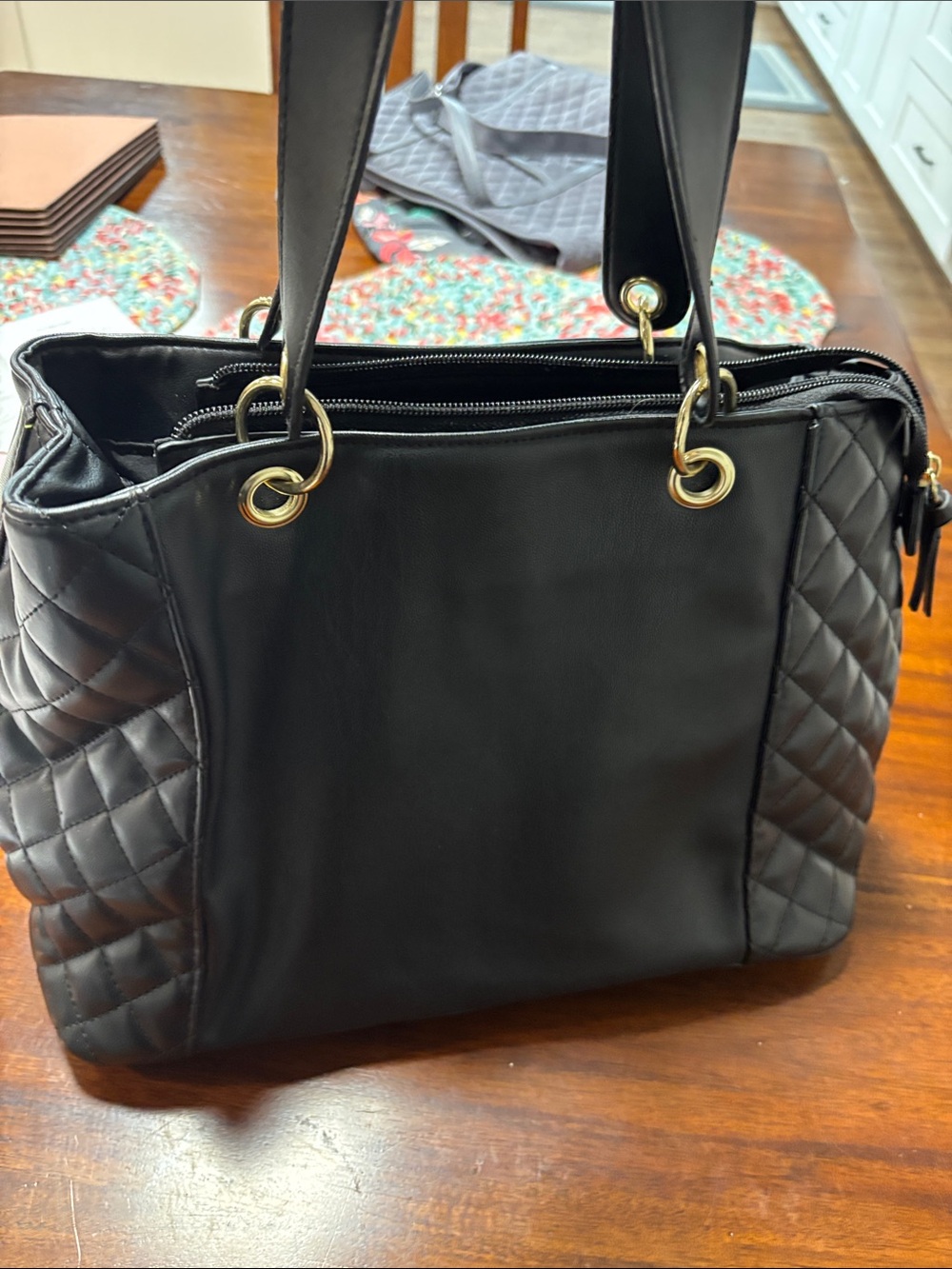Bueno Black Quilted Shoulder Tote with Gold-Tone Hardware
